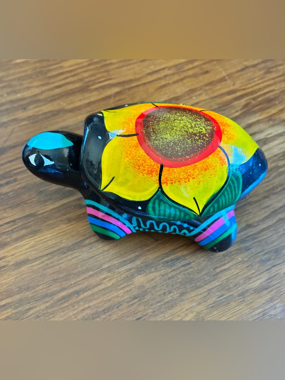 MEXICAN FOLK ART POTTERY TRINKET BOX TURTLE HANDPAINTED SHELL FLORAL